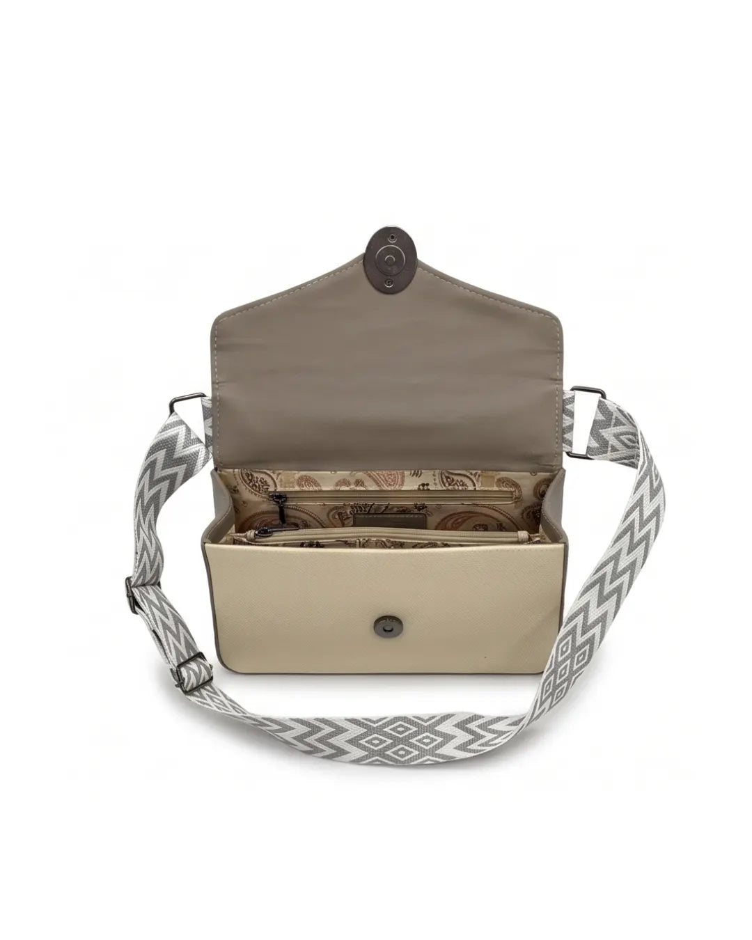 Beige handbag with a patterned strap on a white background
