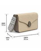 Beige handbag with a zigzag patterned strap, shown with measurements on a white background.