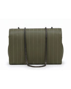 Green handbag with a chain detail on a white background