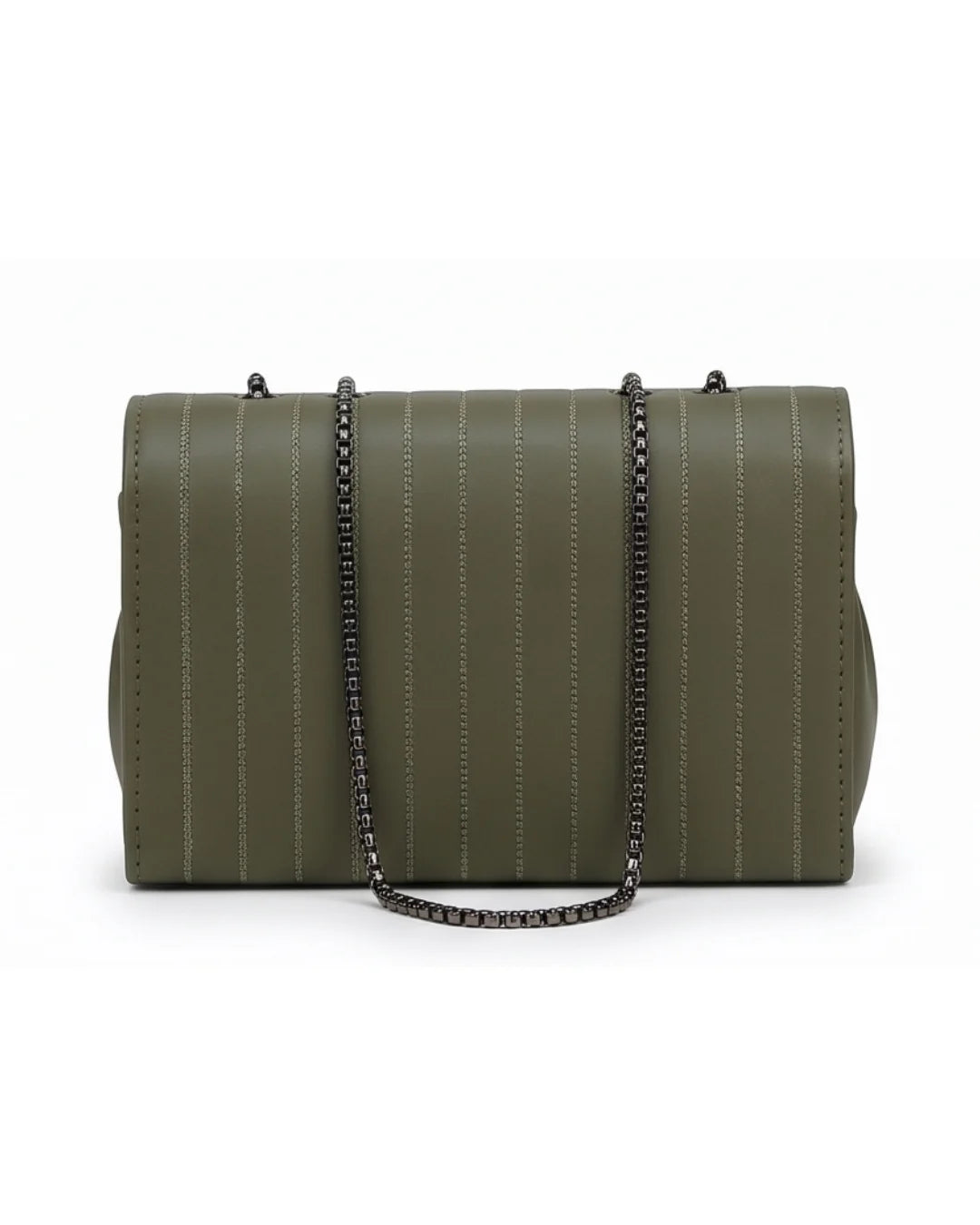 Green handbag with a chain detail on a white background