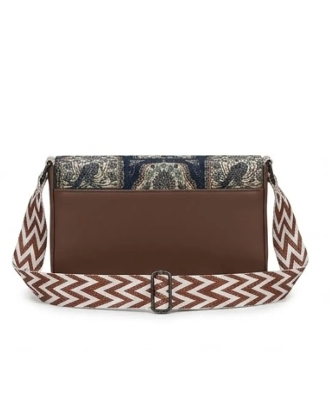 Brown handbag with a camouflage top section and chevron-patterned strap on a white background