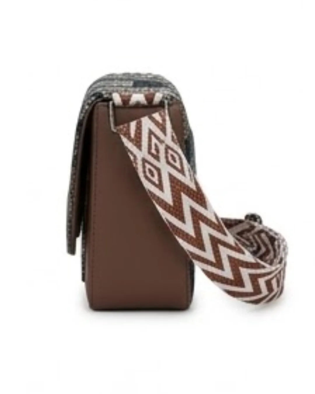 Brown leather bag with a patterned strap on a white background