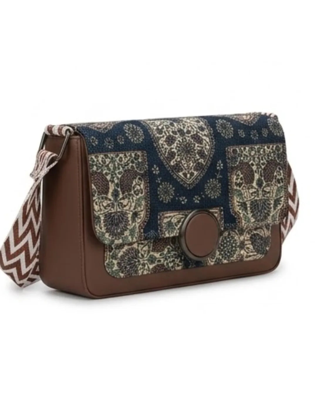 Patterned handbag with a brown base and strap on a white background