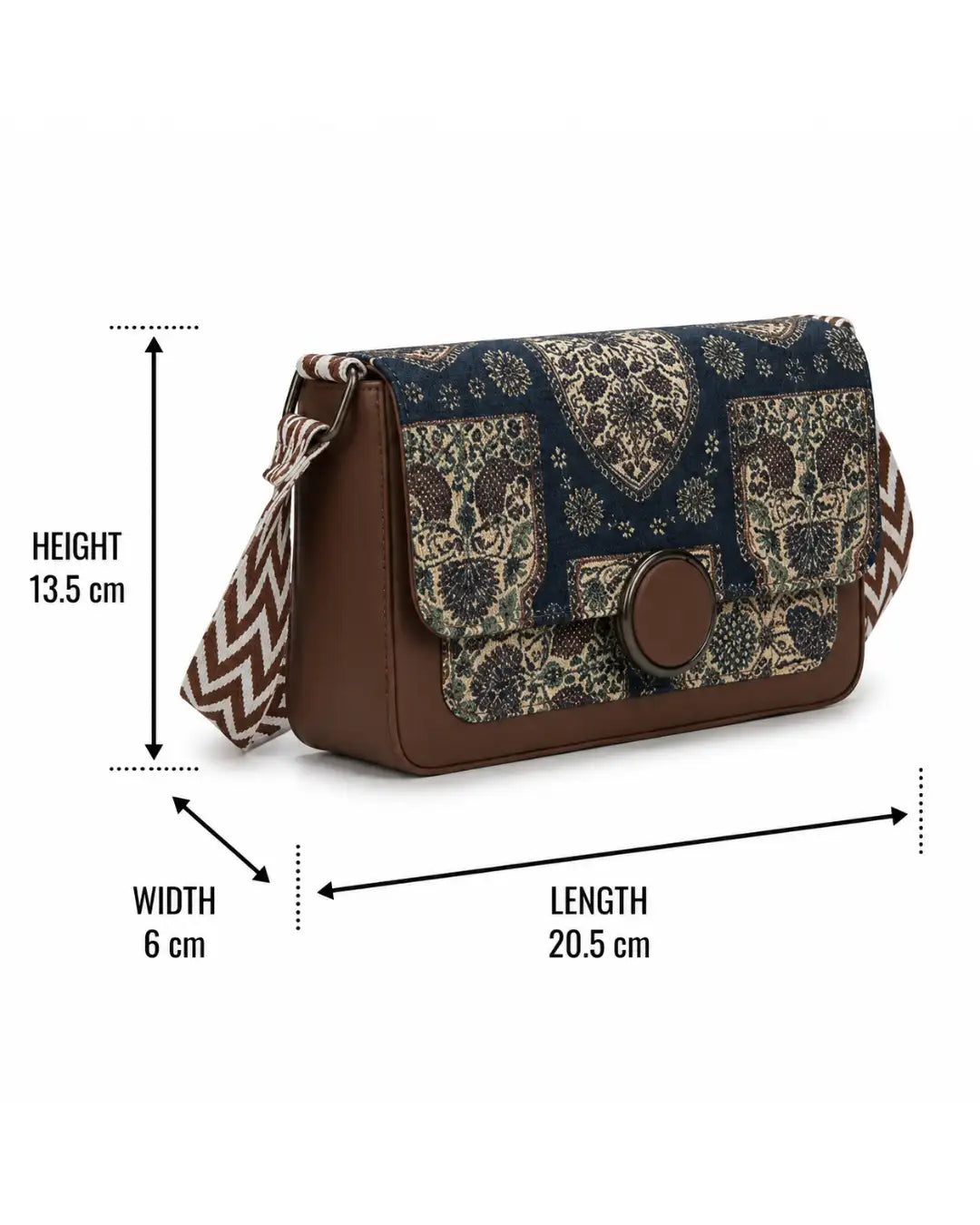 Patterned handbag with measurements on a white background