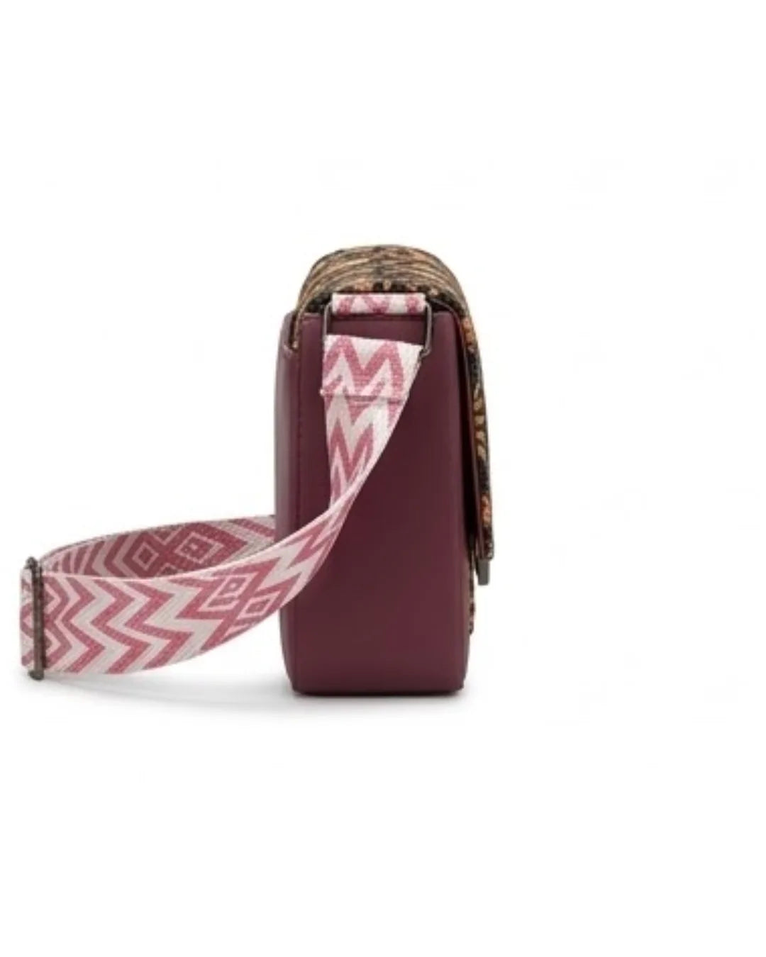 Maroon pouch with a pink and white patterned strap on a white background