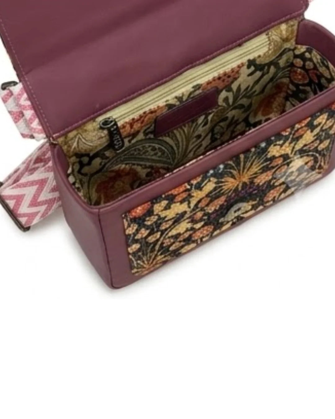 Purple fabric box with floral pattern on a white background