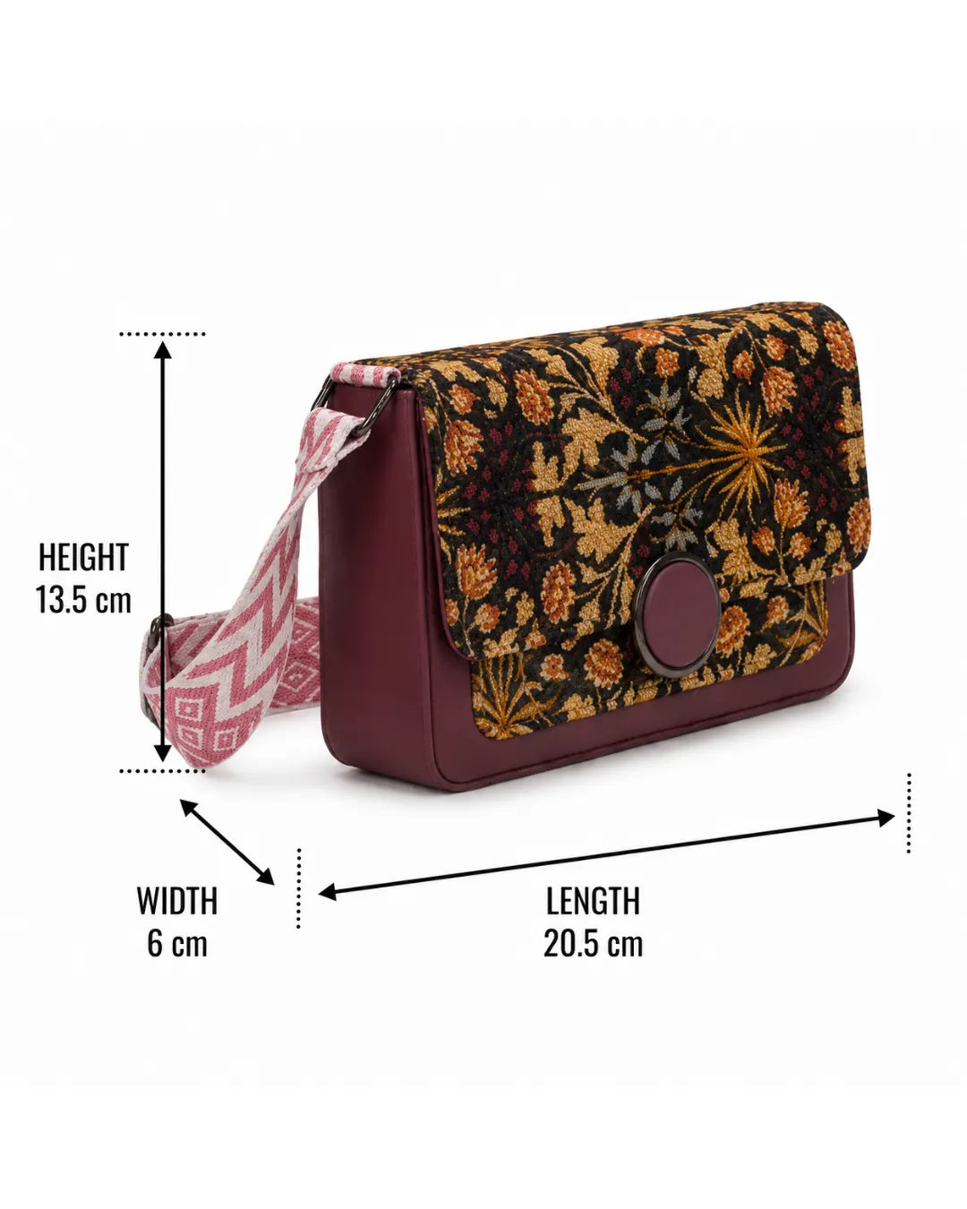 Floral patterned bag with measurements on a white background