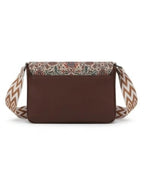 Brown bag with a patterned strap on a white background