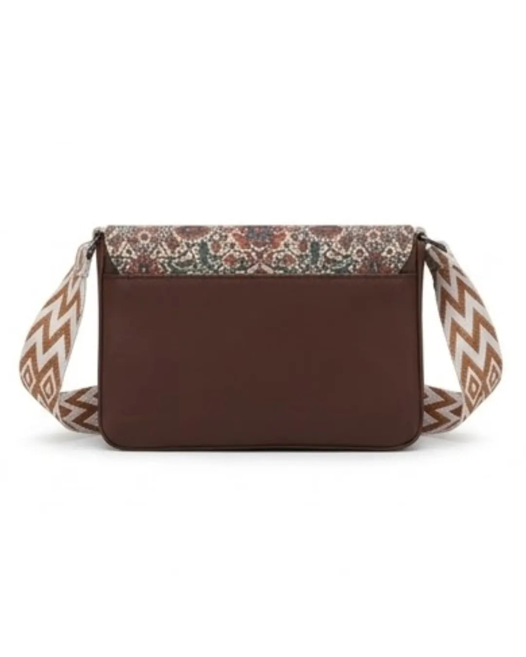Brown bag with a patterned strap on a white background
