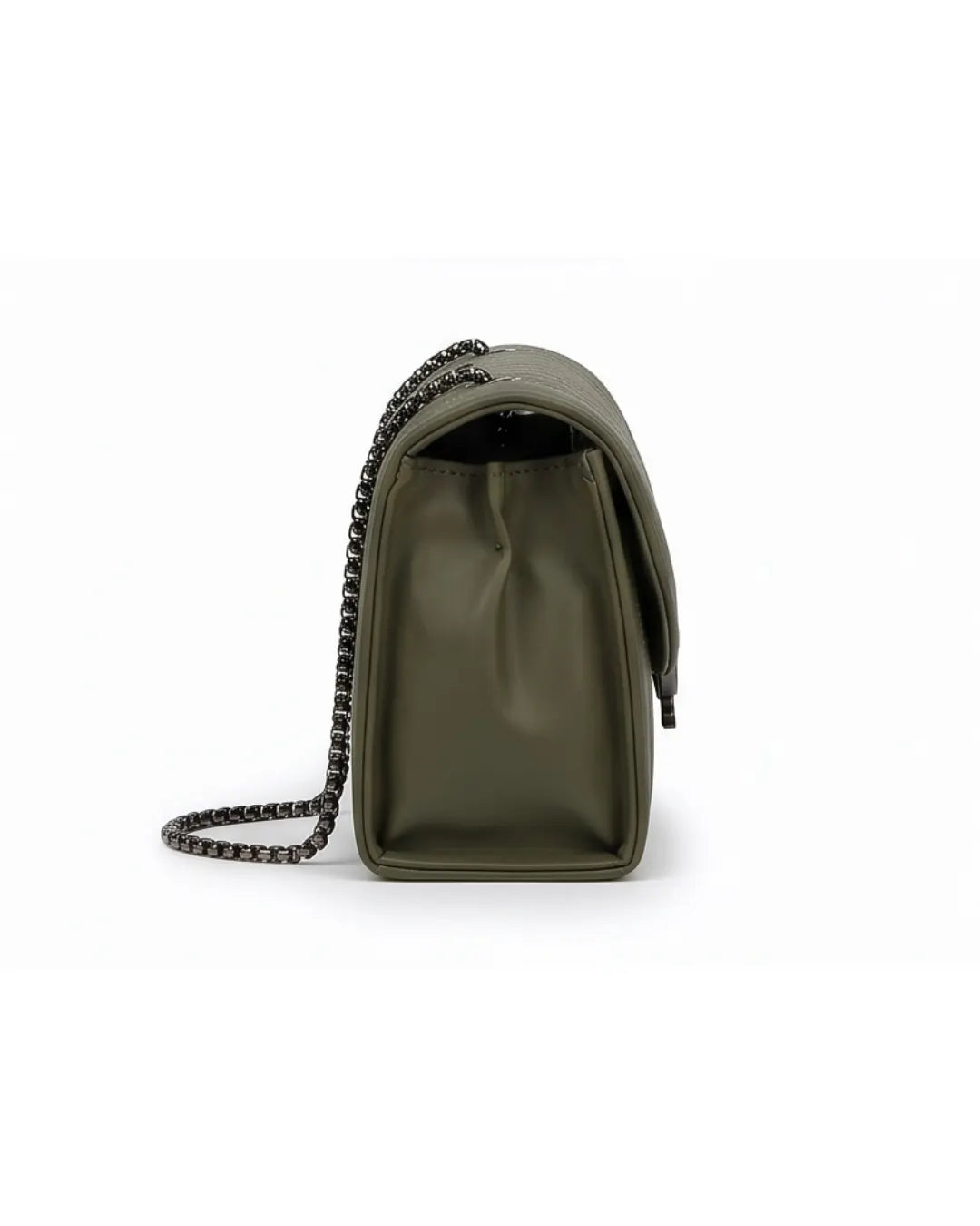 Green handbag with a chain detail on a white background