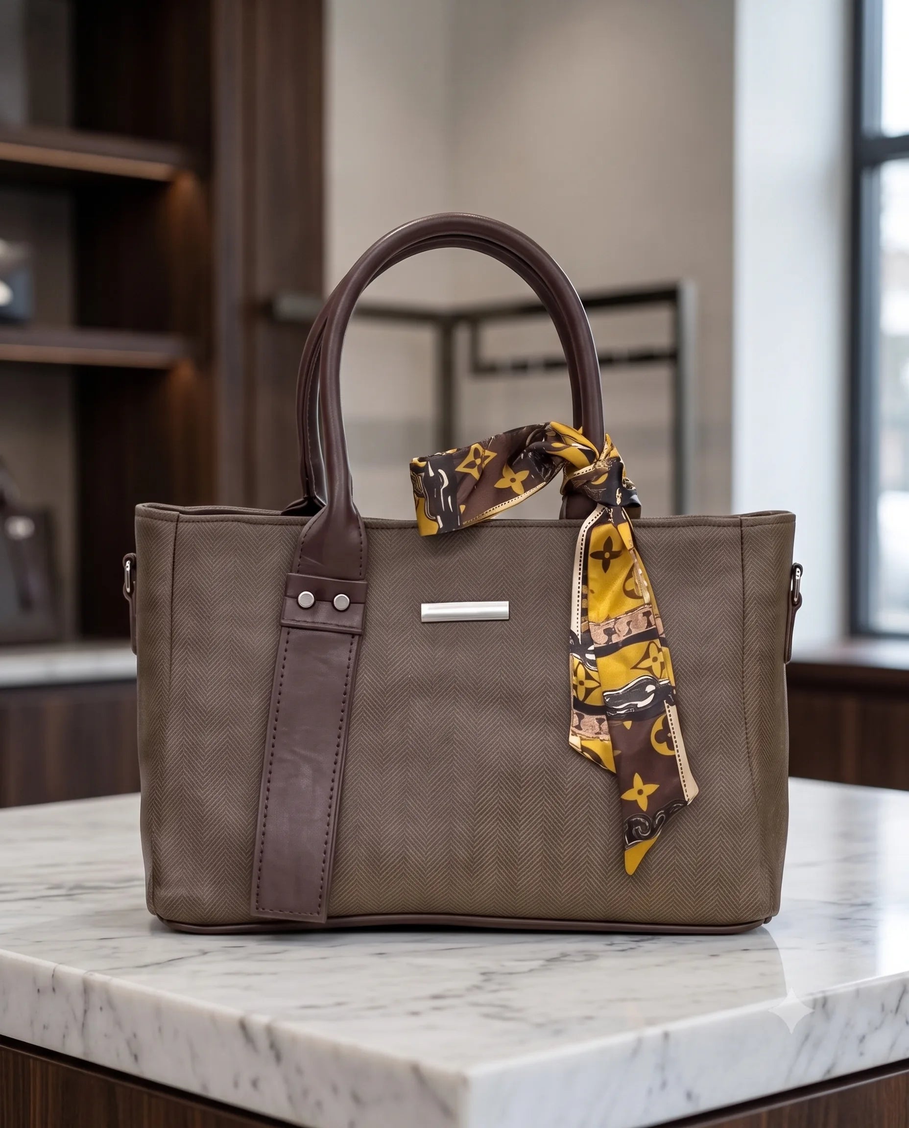 A structured taupe-brown leather tote bag with dark brown handles and trim, featuring a yellow and brown patterned silk scarf tied around the handle, displayed on a white marble countertop.