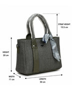 Gray handbag with measurements on a white background