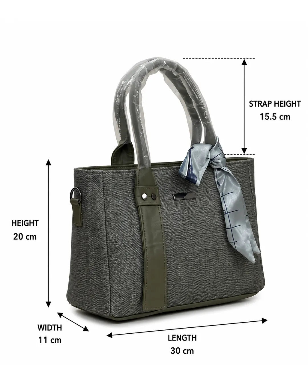Gray handbag with measurements on a white background