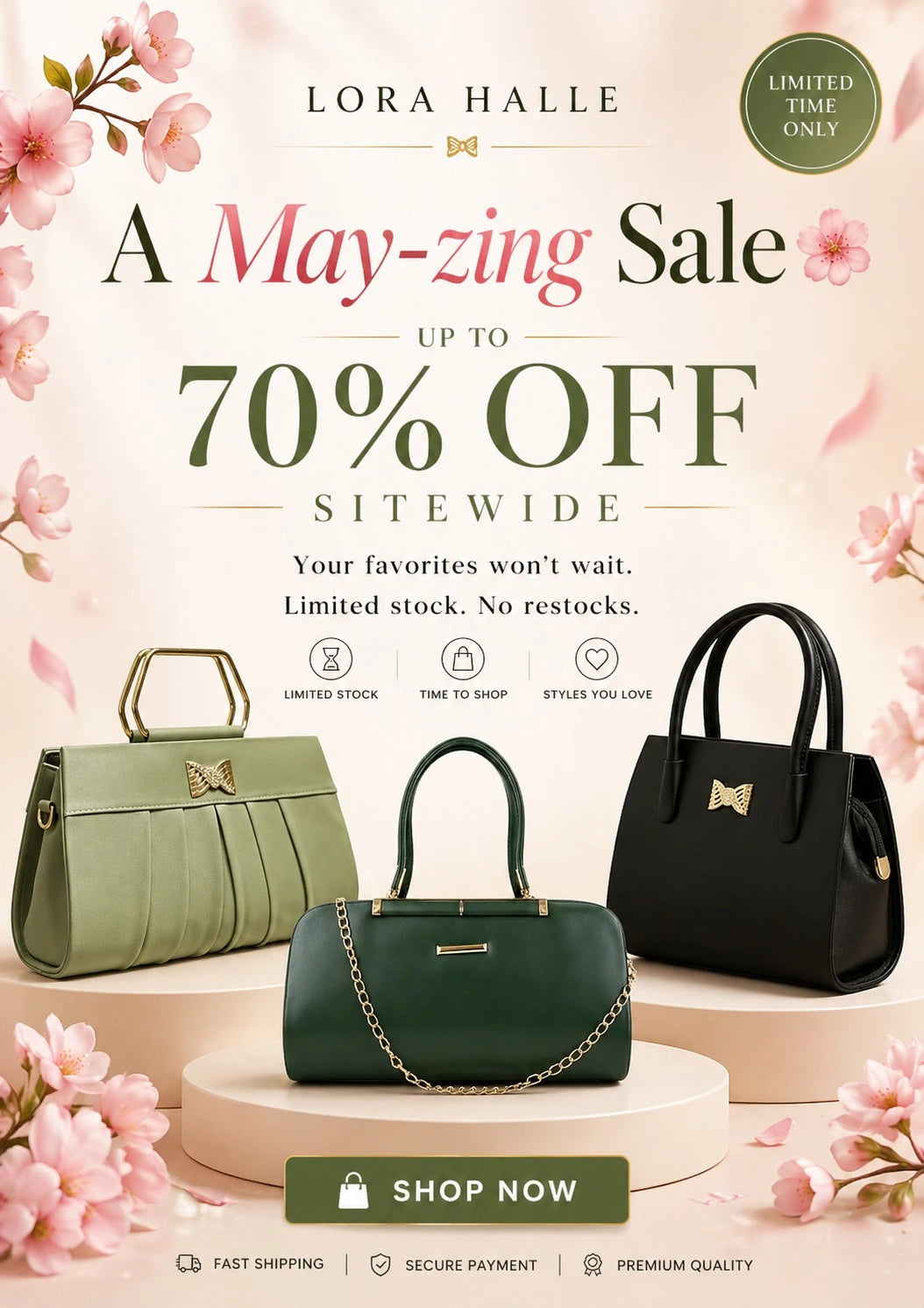 Promotional banner for Lora Halle with handbags and cherry blossoms, featuring a sale offer.