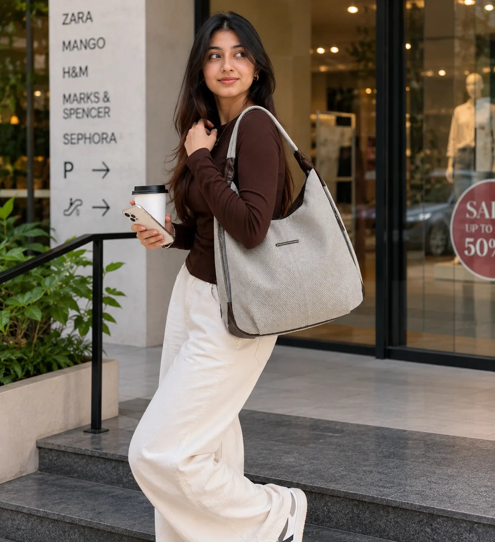 Woman holding a gray tote bag and a coffee cup, standing outside a shopping mall.