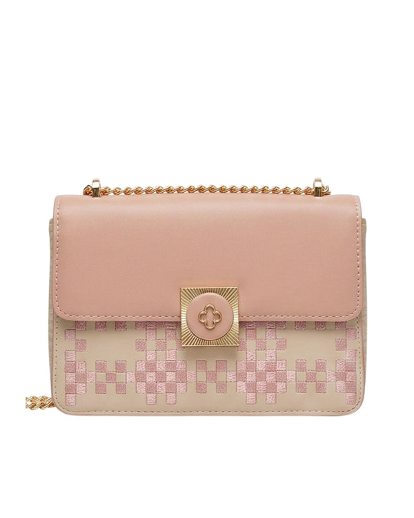 Beautiful blush pink embroidered luxury bag and flap sling bag with gold chain
