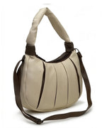 Beige handbag with brown accents on a white background