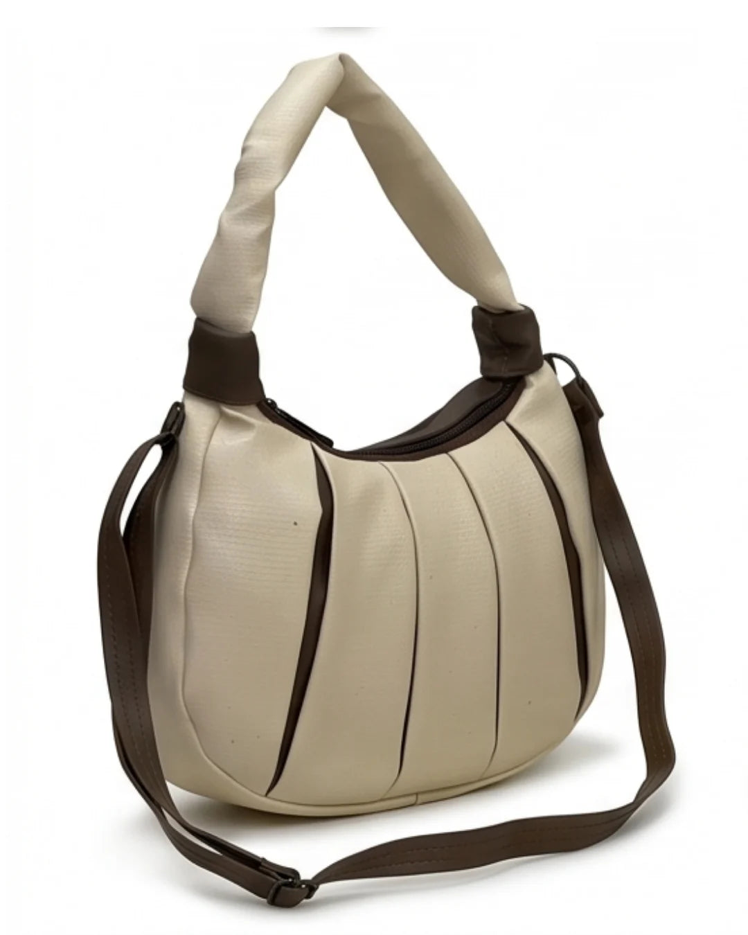 Beige handbag with brown accents on a white background