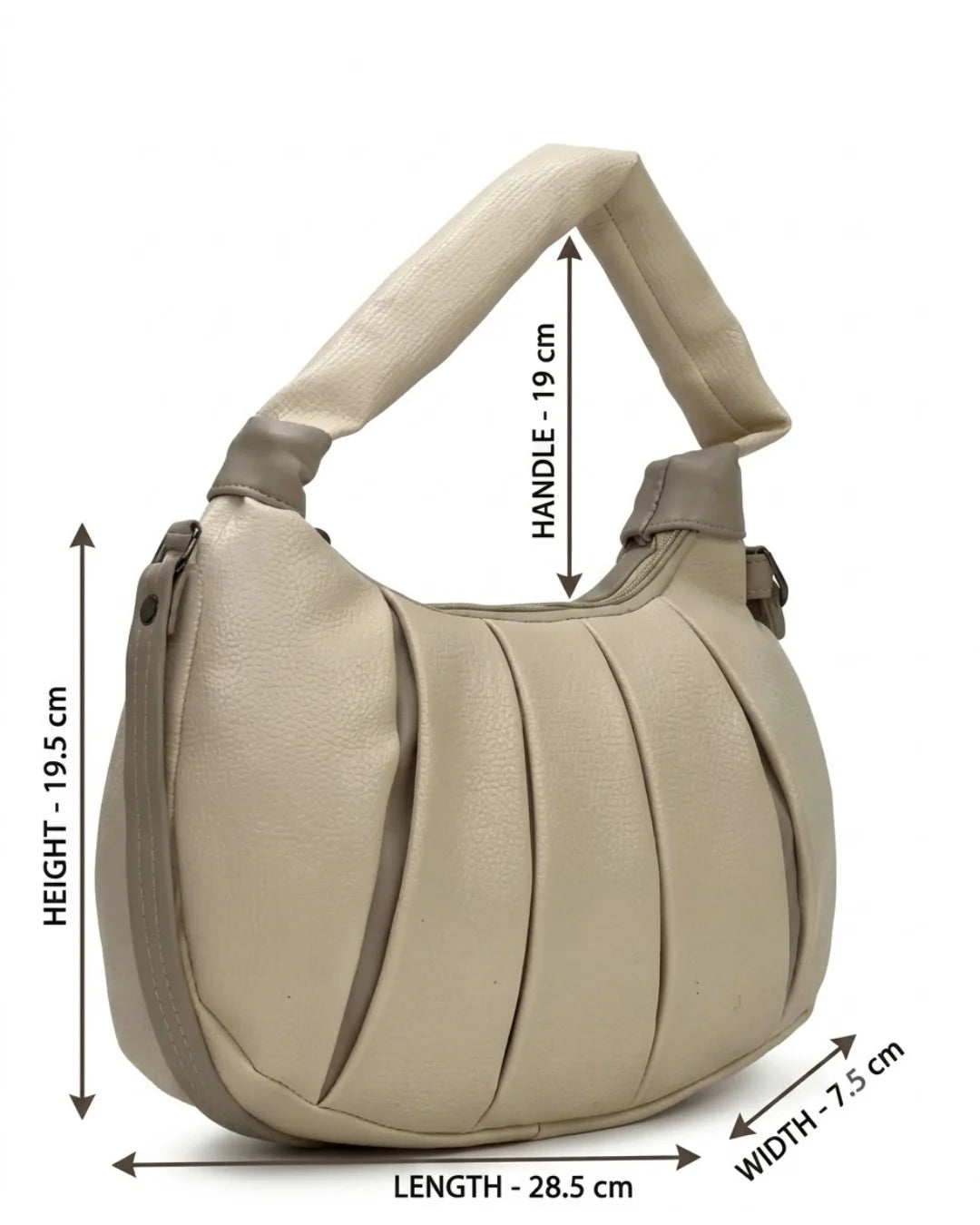 Beige handbag with measurements on a white background
