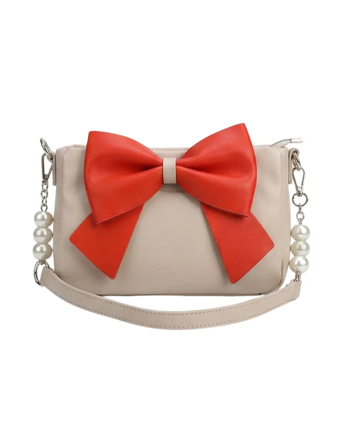 Beige party wear handbag and elegant evening bag with large red bow and pearl strap
