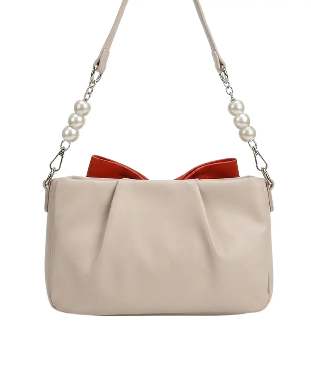 Beige party wear handbag and elegant evening bag with large red bow and pearl strap

