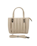 Beige top handle designer bag with elegant pleated texture and metallic accents
