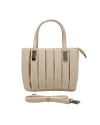 Beige top handle designer bag with elegant pleated texture and metallic accents
