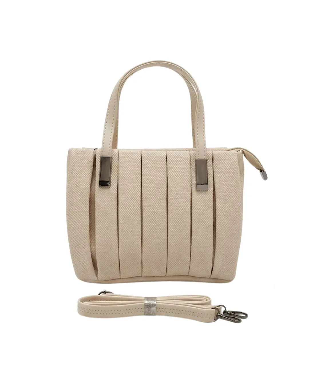 Beige top handle designer bag with elegant pleated texture and metallic accents
