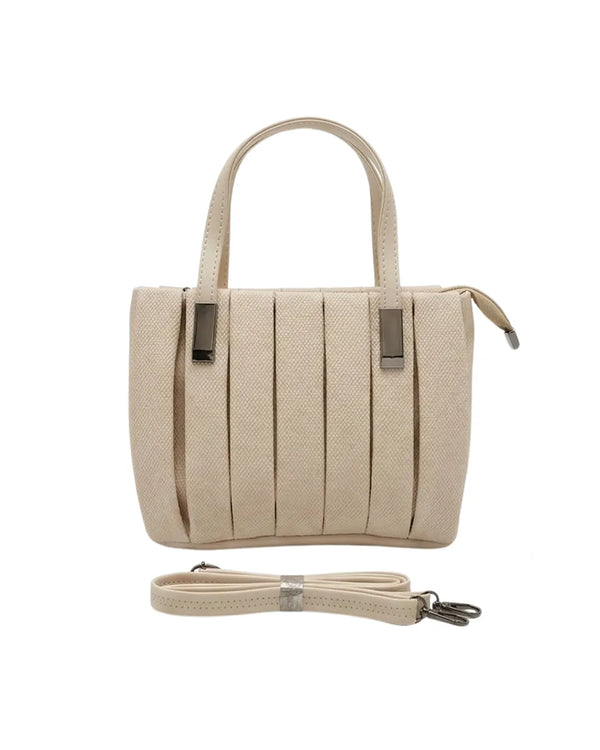 Beige top handle designer bag with elegant pleated texture and metallic accents
