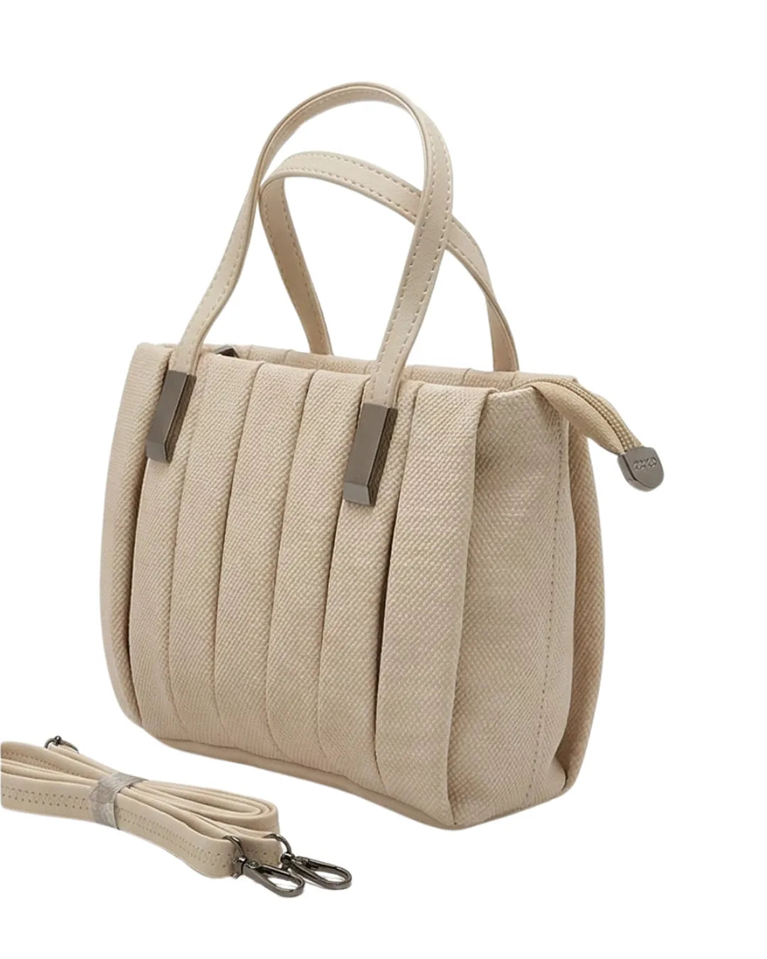 Beige top handle designer bag with elegant pleated texture and metallic accents
