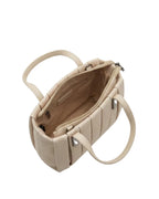 Beige top handle designer bag with elegant pleated texture and metallic accents
