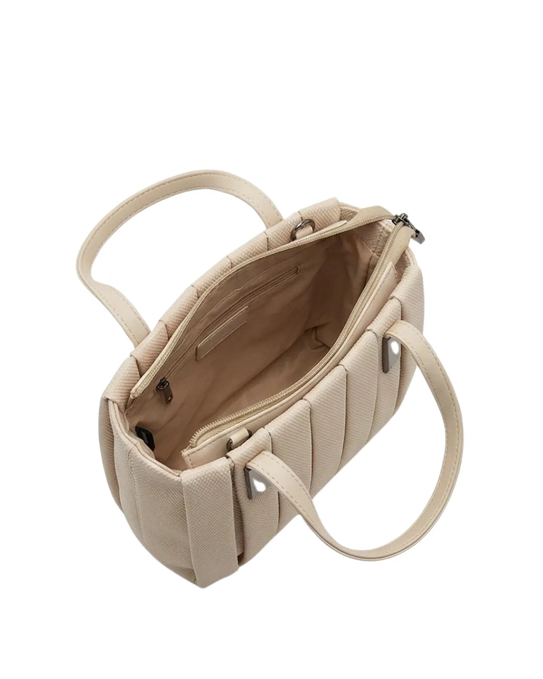 Beige top handle designer bag with elegant pleated texture and metallic accents
