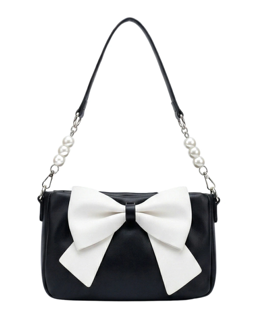 Black and white bow party wear handbag and chic evening bag with pearl strap
