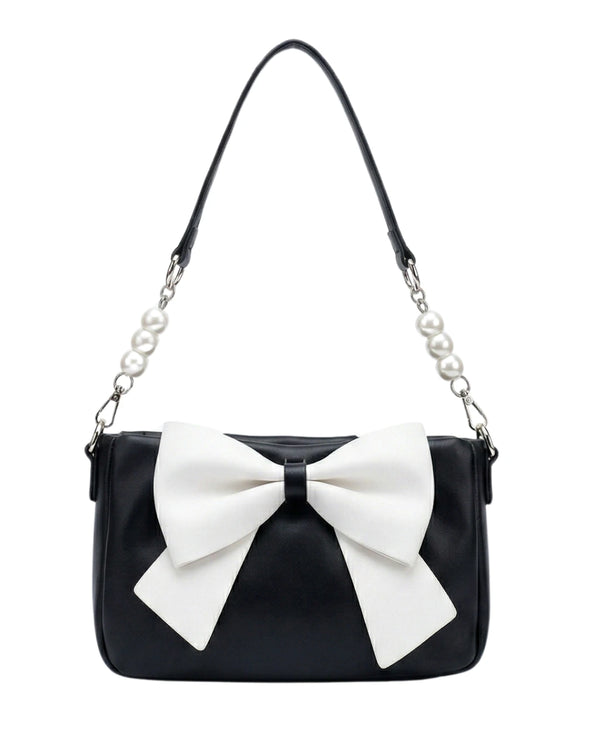 Black and white bow party wear handbag and chic evening bag with pearl strap
