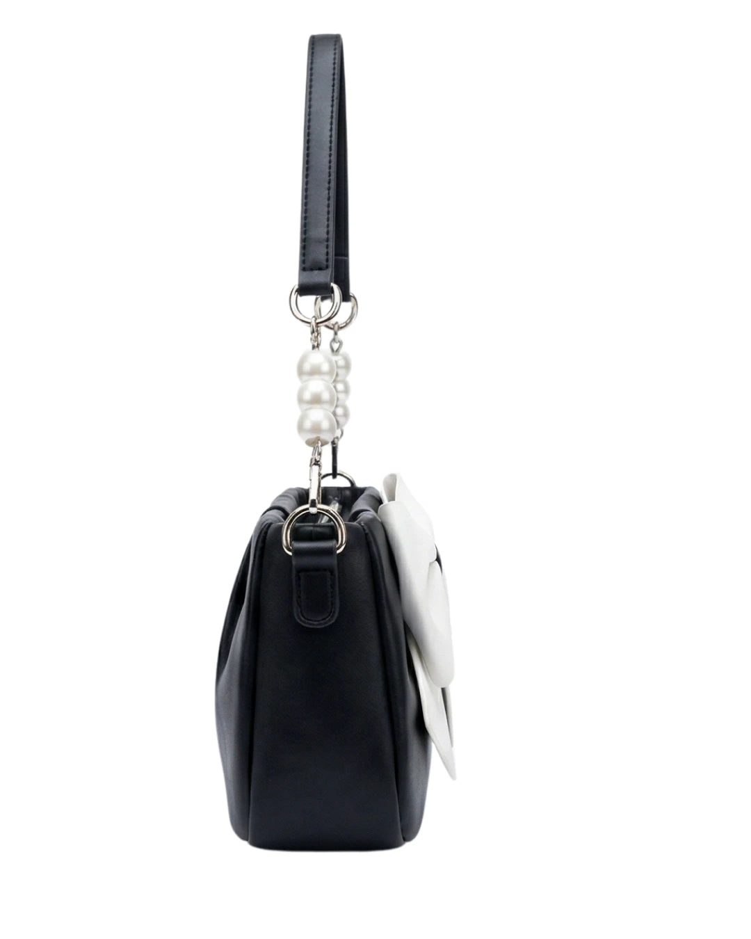 Black and white bow party wear handbag and chic evening bag with pearl strap
