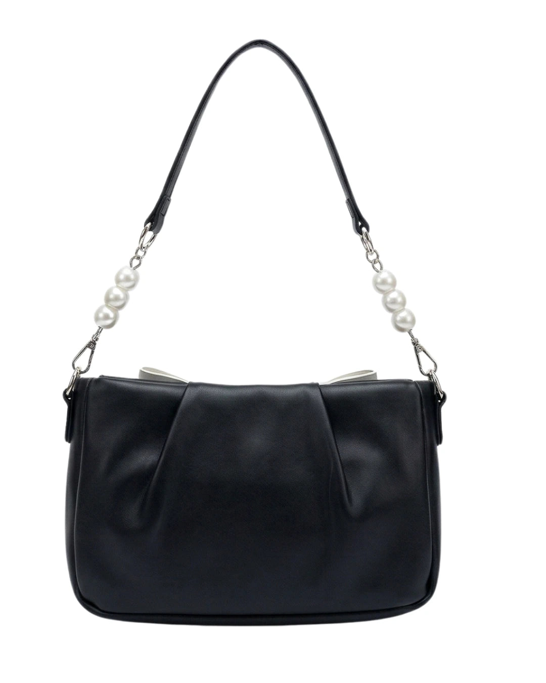 Black and white bow party wear handbag and chic evening bag with pearl strap
