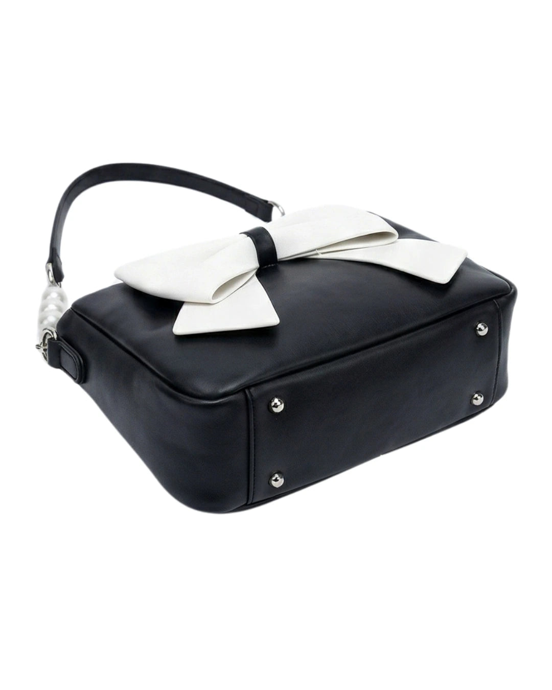 Black and white bow party wear handbag and chic evening bag with pearl strap
 