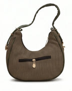 Brown handbag with a gold zipper on a white background
