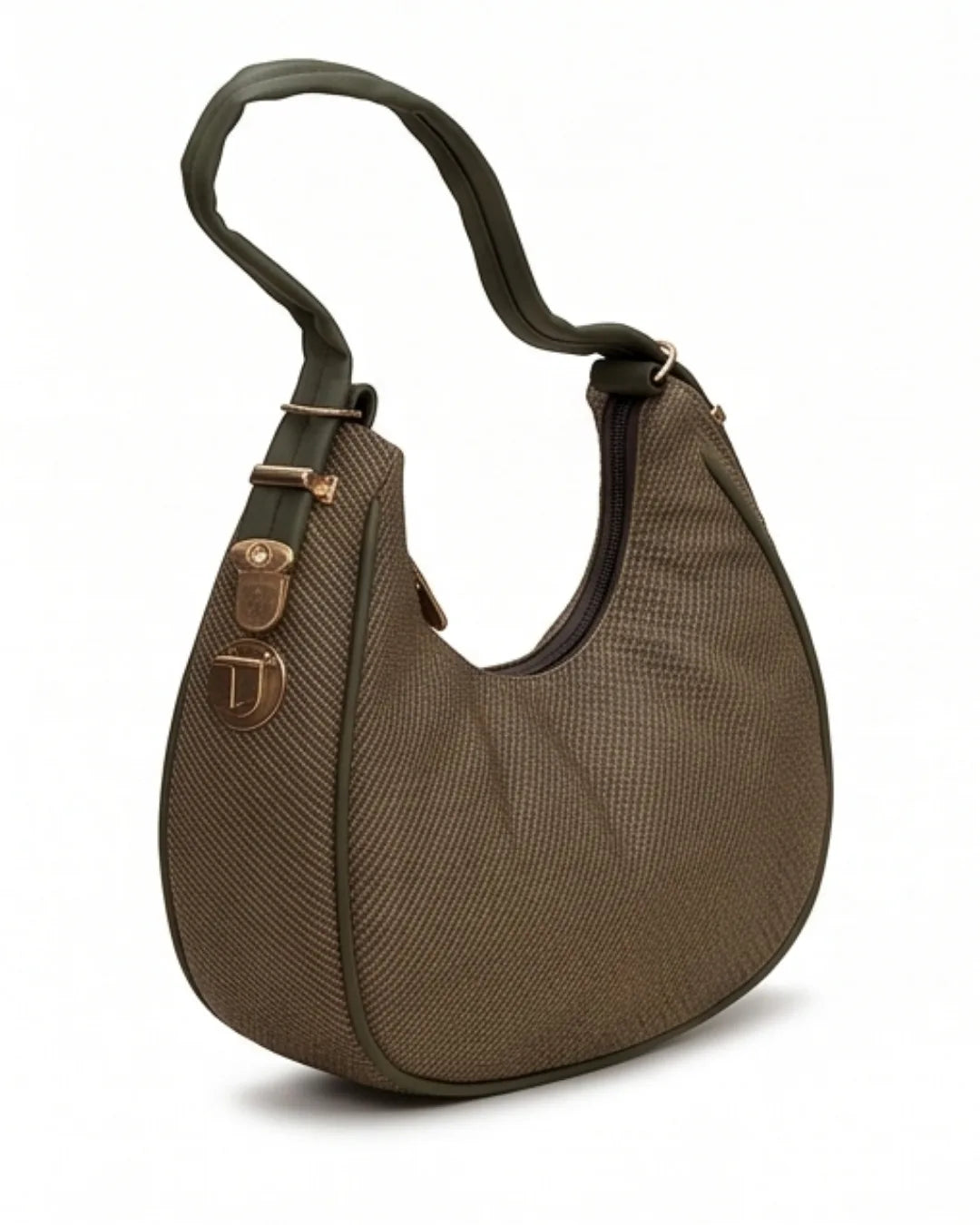 Brown handbag with a visible brand logo on a white background