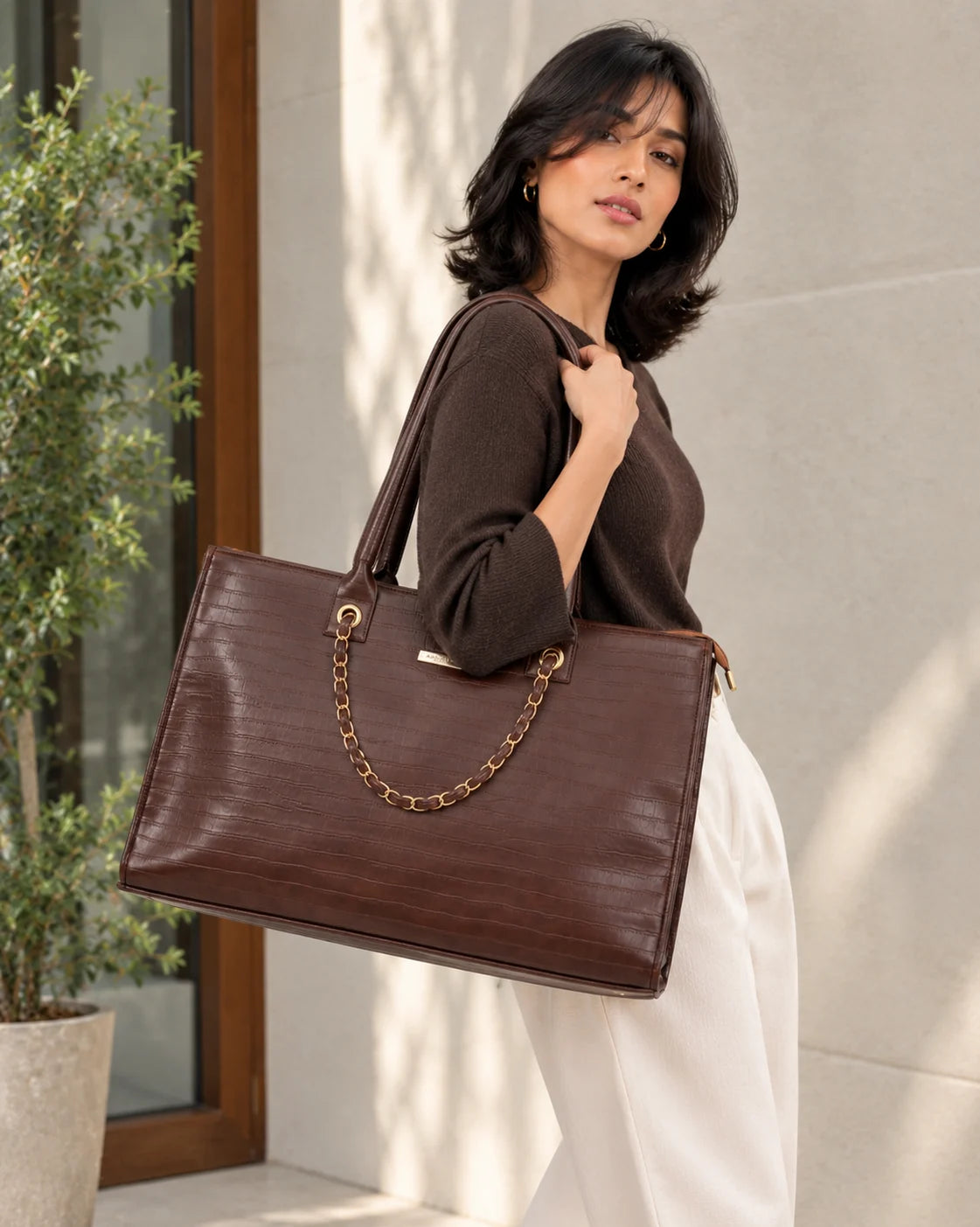 Textured Work Tote Bag - Brown