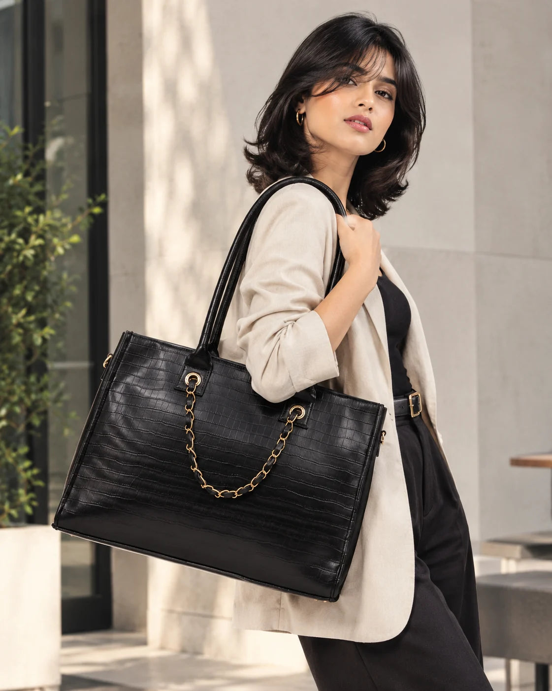 Textured Work Tote Bag - Black