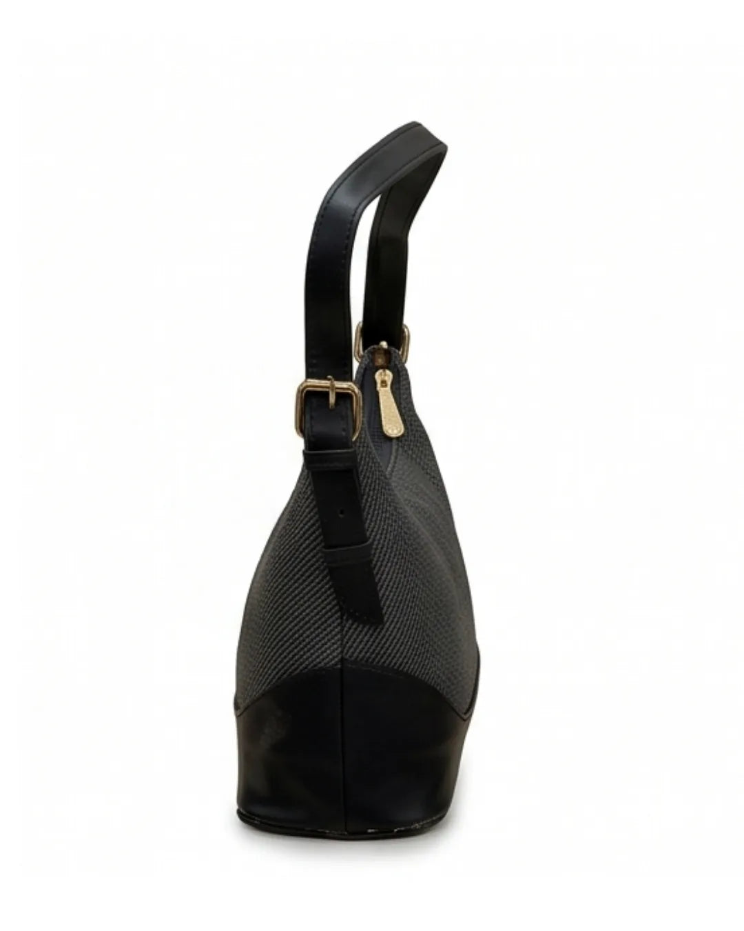 Black handbag with a gold buckle on a white background