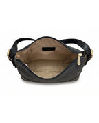 Black handbag with gold accents on a white background