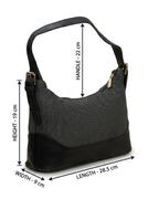 Black and gray handbag with measurements on a white background