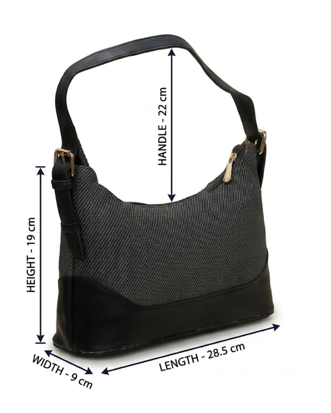 Black and gray handbag with measurements on a white background