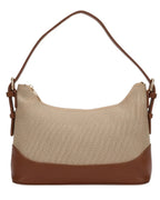 Beige and brown handbag on a white background