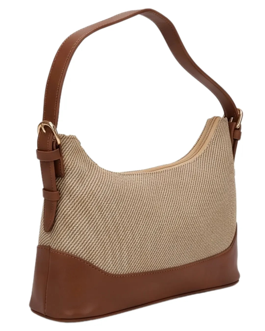 Beige handbag with brown leather accents on a white background