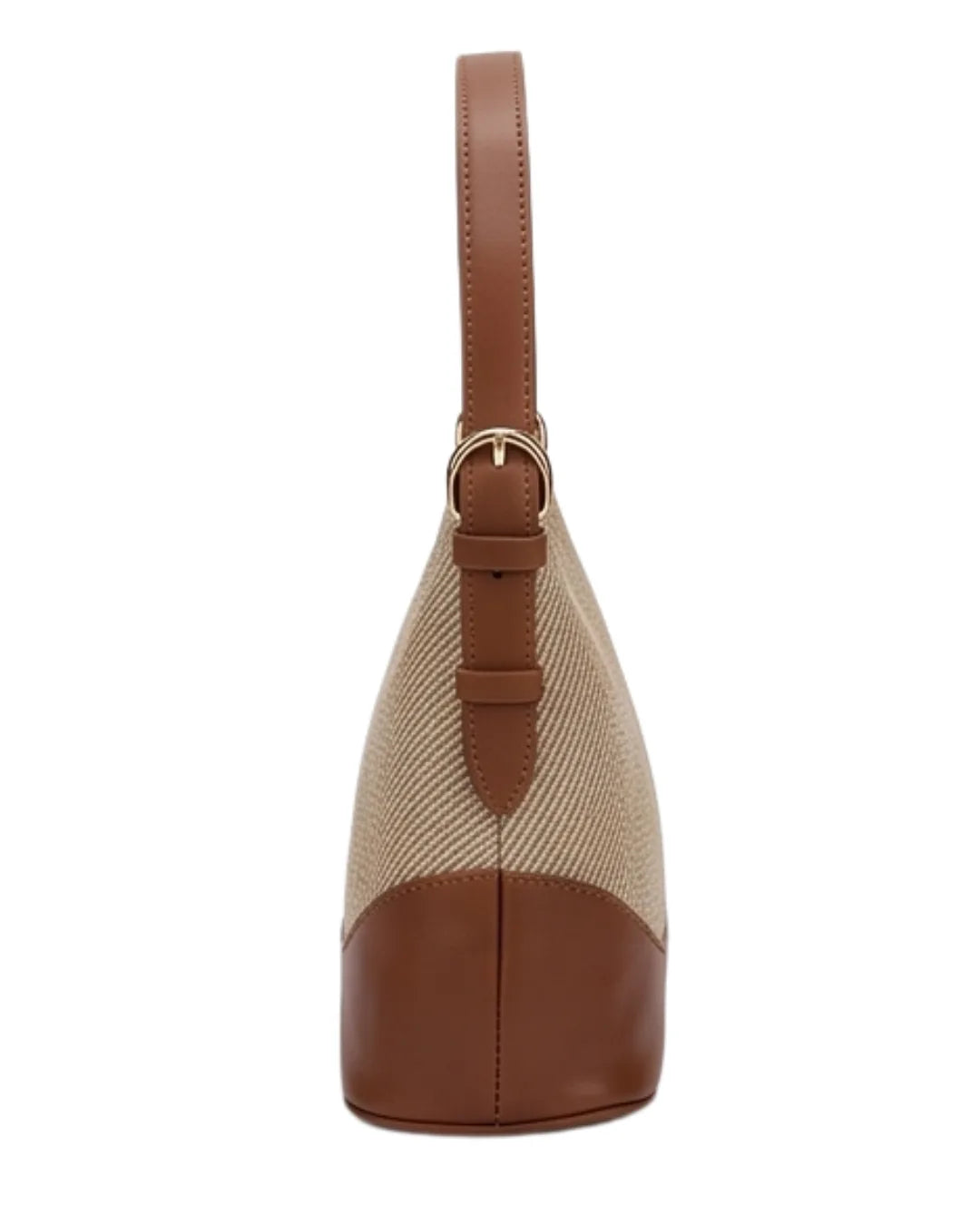 Handbag with brown leather and beige fabric design on a white background