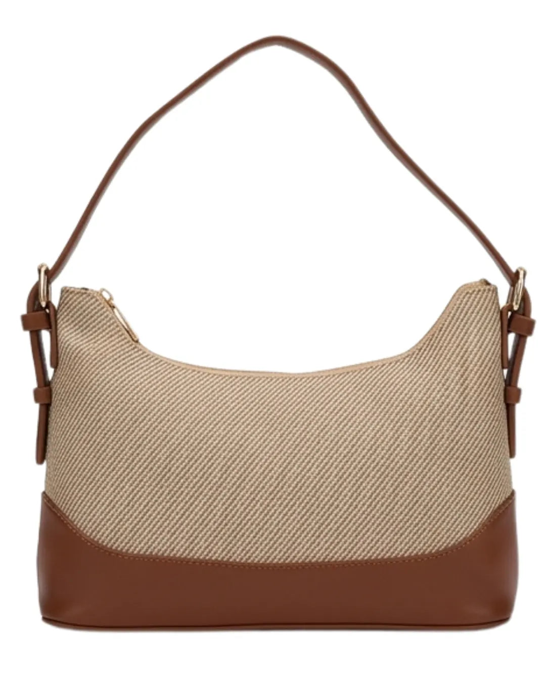 Beige and brown handbag on a white background