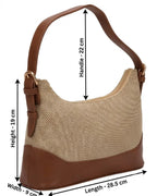 Beige and brown handbag with measurements on a white background